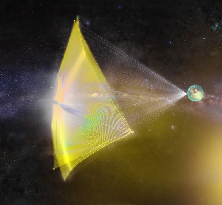 ภาพวาดจำลองของกลุ่มยาน Starchip ยานอวกาศที่จะออกเดินทางไปยังระบบดาว Alpha Centauri ในโครงการ Breakthrough