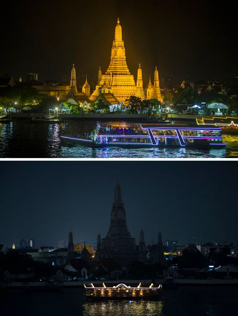 วัดอรุณราชวรารามปิดไฟในกิจกรรม Earth Hour 2018 เมื่อวันที่ 25 มี.ค. 61 (ภาพ: Romeo Gacad/AFP)