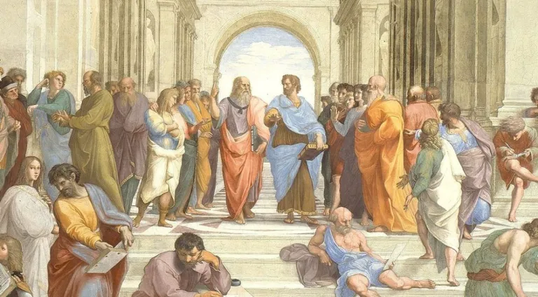 ภาพจิตรกรรมฝาผนัง "The School of Athens" ของ Raphael จิตรกรชาวอิตาลียุ ปัจจุบันอยู่ที่ ห้อง Stanza della Segnatura ในพระราชวังวาติกัน กรุงโรม
