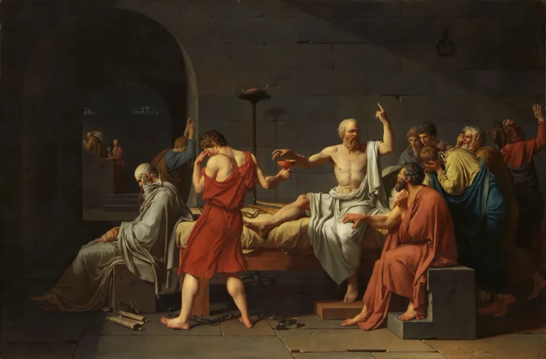 ภาพ "The Death of Socrates" ผลงานจิตรกรรมสีน้ำมันบนผ้าใบของ Jacques-Louis David จิตรกรชาวฝรั่งเศส ปัจจุบันจัดแสดงอยู่ที่ พิพิธภัณฑ์ศิลปะ Metropolitan นครนิวยอร์ก