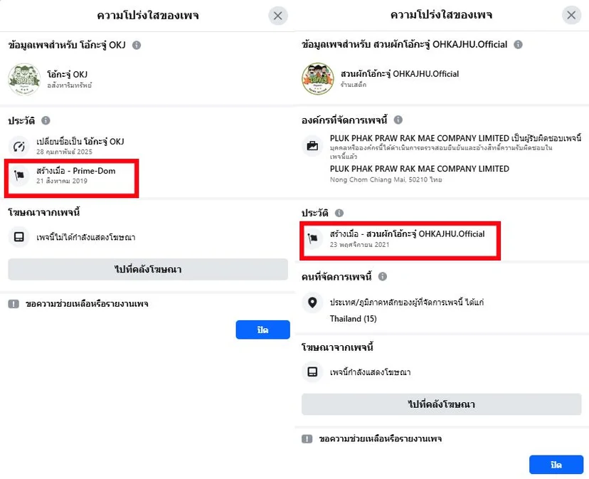 ภาพบันทึกหน้าจอแสดงเพจเฟซบุ๊กปลอม (ซ้าย) เปรียบเทียบกับภาพเพจเฟซบุ๊กสวนผักโอ้กะจู๋ (ขวา)