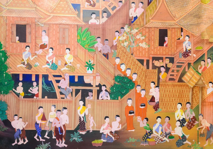 จิตรกรรมฝาผนังแสงให้เห็นถึงประเพณีตักบาตรที่อยู่คู่สังคมไทยมาอย่างช้านาน