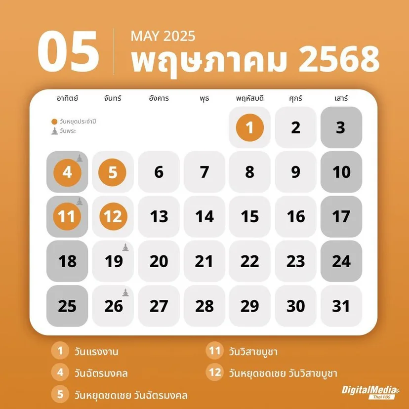 ปฏิทินเดือนพฤษภาคม 2568
