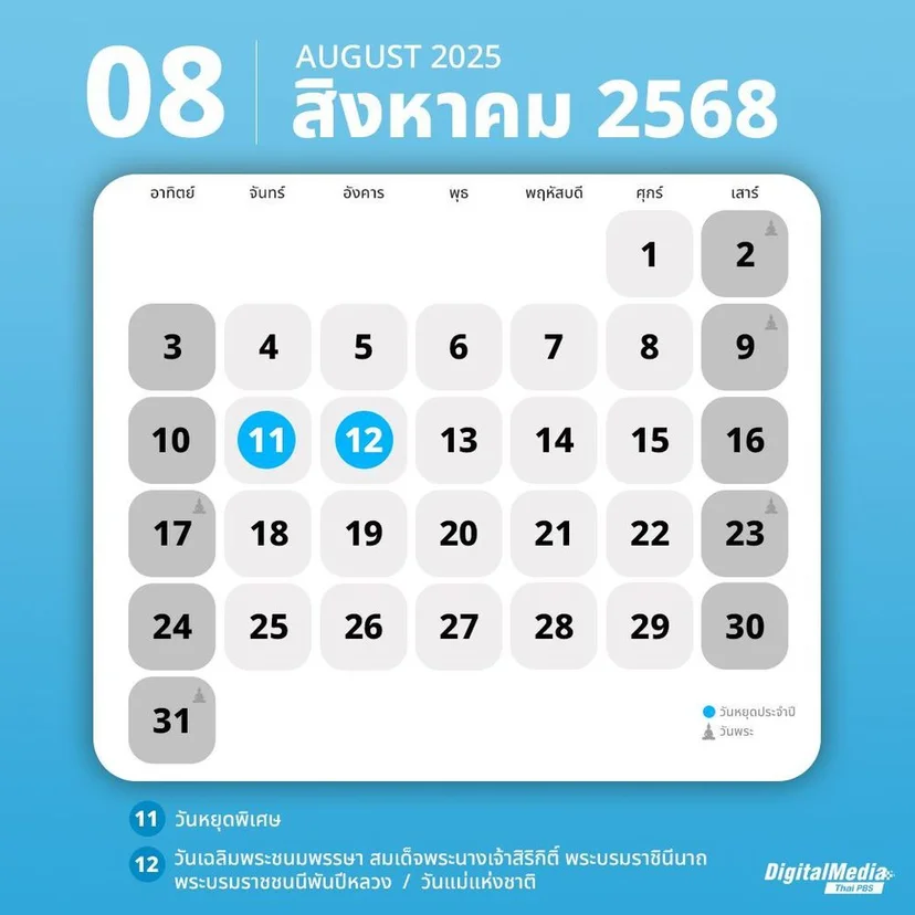 ปฏิทิน สิงหาคม 2568