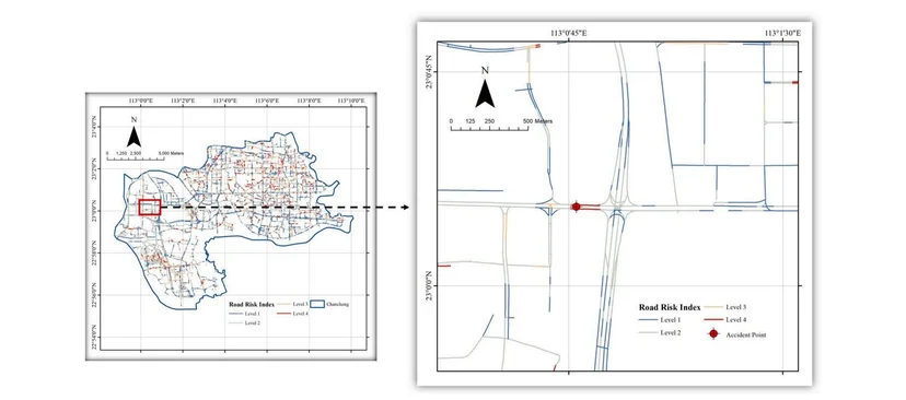 แผนที่จำลองความเสี่ยงการเกิดถนนทรุดตัวในฝอซาน พร้อมระดับความอันตราย ประเมินโดยการเรียนรู้ของเครื่องที่พัฒนาในจีน (ภาพจาก: Journal of Safety Science and Resilience, 6(4))