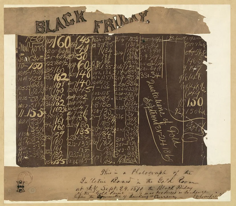 ภาพกระดานบันทึกราคาทองในวัน Black Friday แห่ง Wall Street (ภาพจาก: Library of Congress) 