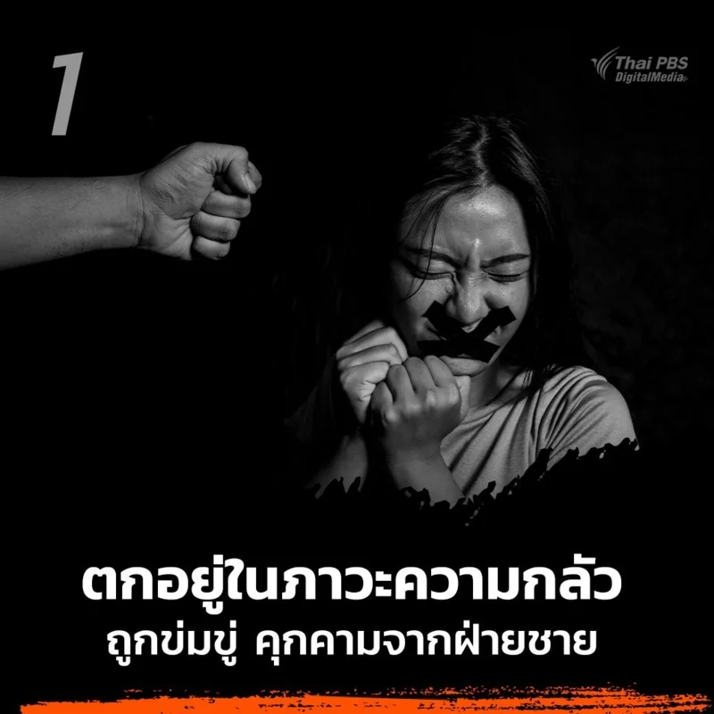 1.ตกอยู่ในภาวะความกลัว ถูกข่มขู่ คุกคามจากฝ่ายชาย