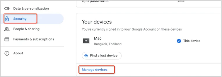 เลือกเมนูความปลอดภัย หรือ Security  ในกรอบของ Your devices เลือกคำสั่ง จัดการอุปกรณ์ หรือ Manage devices
