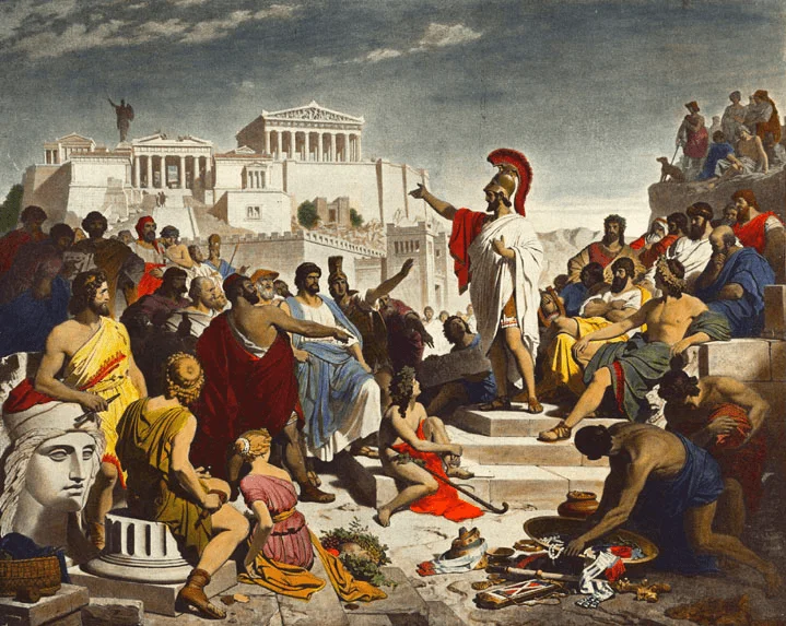 Pericles's Funeral Oration (โวหารไว้อาลัยโดยเพริคลีส) โดย Philipp Foltz (1826) ถ่ายทอดเหตุการณ์ที่เพริคลีสกล่าวถึงความยุติธรรมภายใต้ประชาธิปไตยกลางสภาเมืองซึ่งสะท้อนความประชาธิปไตยเอเธนส์ได้เป็นอย่างดี