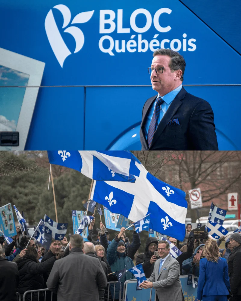 การใช้สีน้ำเงินของ Bloc Qu&eacute;b&eacute;cois พรรคการเมืองประชาธิปไตยสังคมนิยมซึ่งสนับสนุนการแยกตัวของควิเบก ตามสีธงของรัฐ (ภาพ: Andrej Ivanov/AFP)