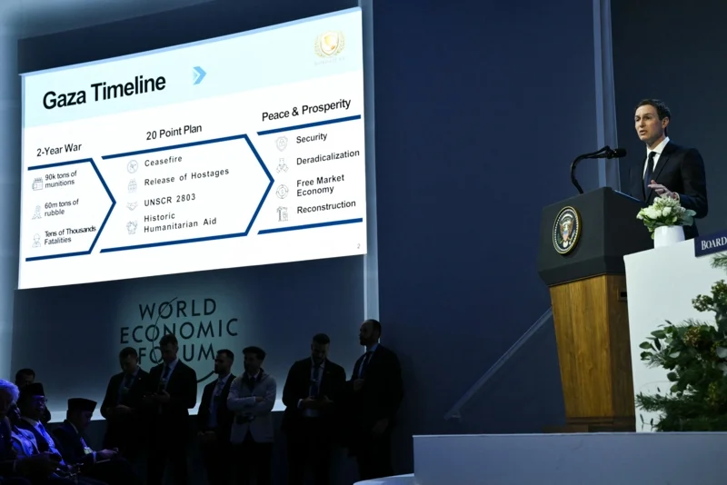 จาเรด คุชเนอร์ คณะกรรมการบริหาร Board of Peace กำลังกล่าวถึง &lsquo;Gaza Timeline&rsquo; ในงาน WEF 2026 (ภาพ: Mandel Ngan/AFP)