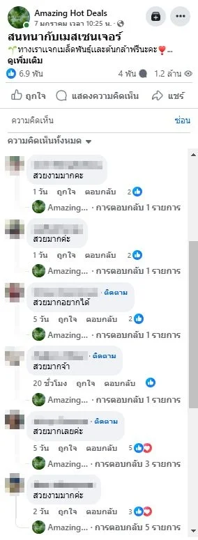 ภาพบันทึกหน้าจอแสดงความคิดเห็นภายในโฆษณาของเพจปลอม