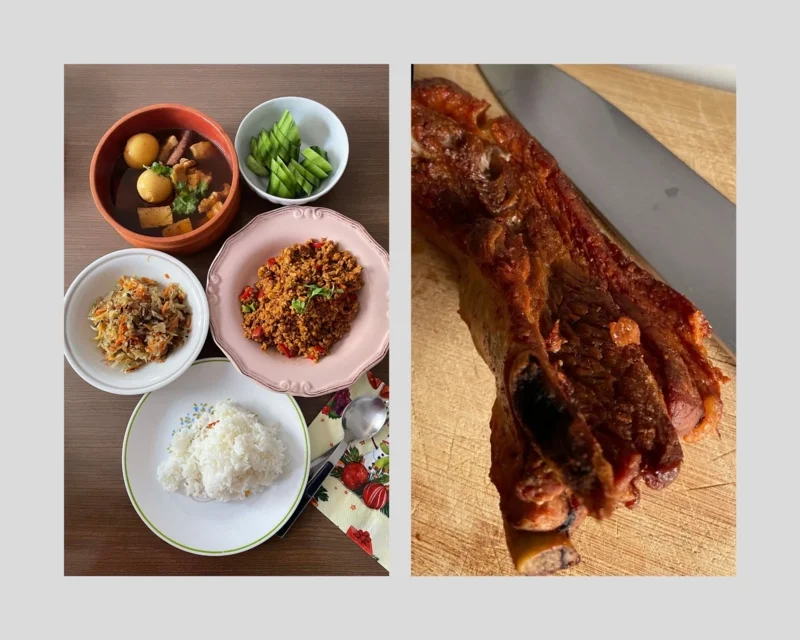 กับข้าวตอนคริสต์มาส (ซ้าย) และสภาพหมูกรอบจากอุปกรณ์ไม่กี่ชิ้น (ขวา)