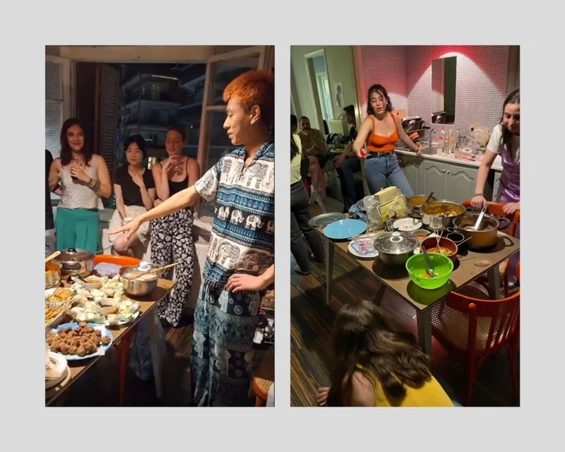 บรรยากาศอุ่นเครื่อง (ซ้าย - ภาพจาก : Ma&iuml;t&eacute; G.) และการวิ่งไล่ฉีดน้ำในห้องครัว (ขวา)