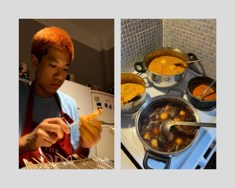 Me preparing satay sticks, massaman curry and hard-boiled eggs in sweet brown gravy