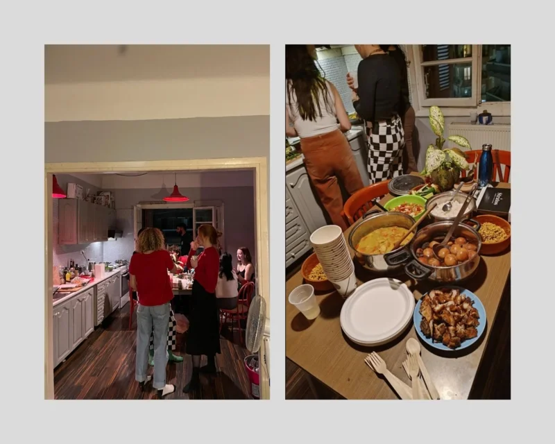 Dishes and guests during the Chinese New Year dinner party in 2024. The crispy pork belly was served on the blue plate in the right picture.