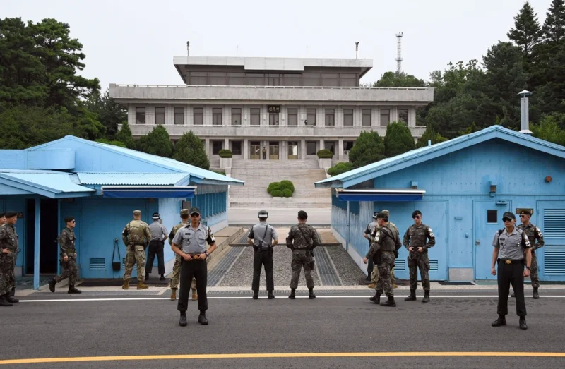 เขตปลอดทหาร หรือ DMZ เส้นแบ่งระหว่าง 2 ประเทศ (Photo by JUNG YEON-JE/POOL/AFP)