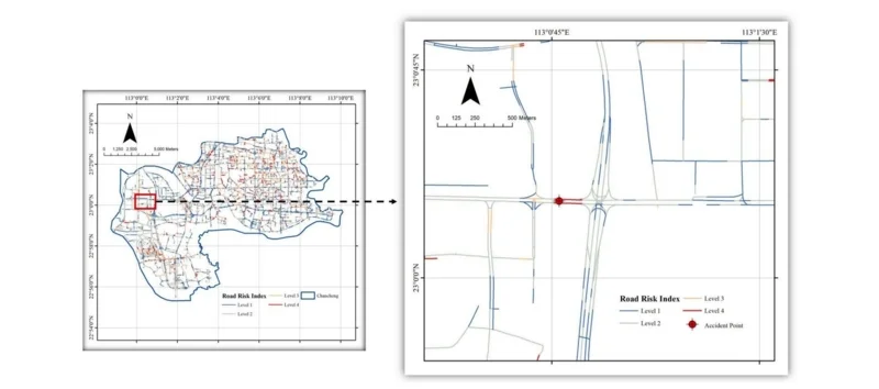 แผนที่จำลองความเสี่ยงการเกิดถนนทรุดตัวในฝอซาน พร้อมระดับความอันตราย ประเมินโดยการเรียนรู้ของเครื่องที่พัฒนาในจีน (ภาพจาก: Journal of Safety Science and Resilience, 6(4))