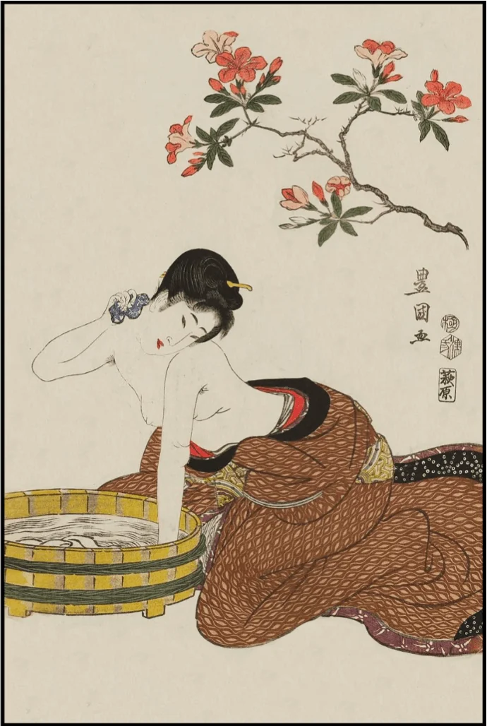 Woman Bathing Under Flower (ปี ค.ศ. 1800) โดย อุทางาวะ โตโยคุนิ