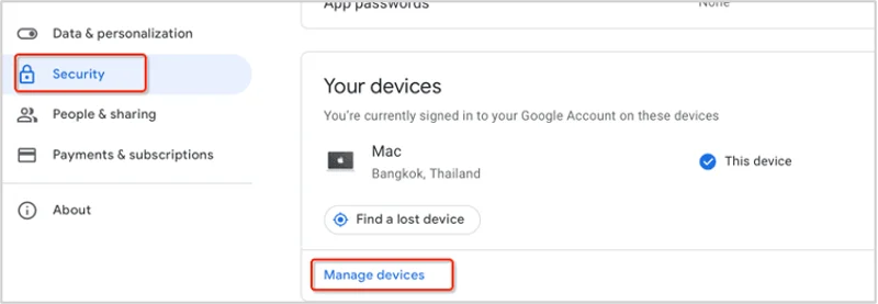 เลือกเมนูความปลอดภัย หรือ Security  ในกรอบของ Your devices เลือกคำสั่ง จัดการอุปกรณ์ หรือ Manage devices