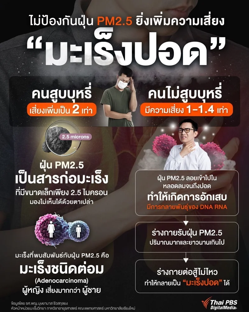ไม่ป้องกันฝุ่น PM2.5 ยิ่งเพิ่มความเสี่ยง มะเร็งปอด