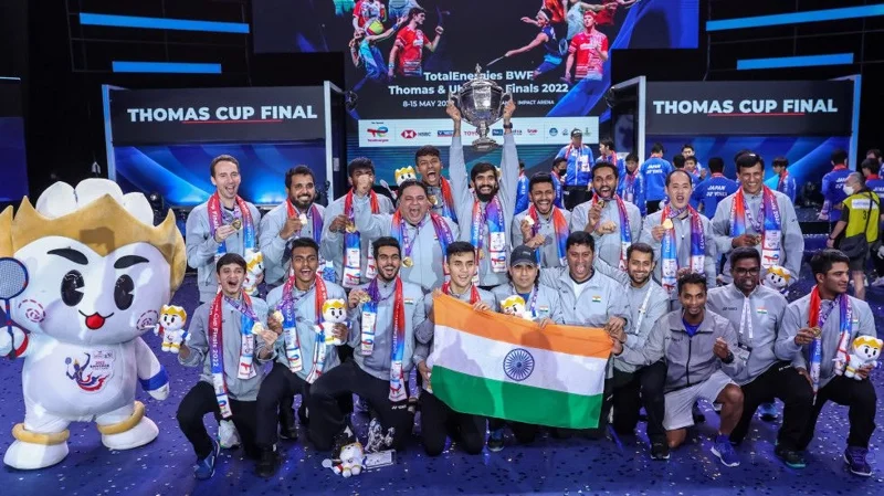 ทัพขนไก่ชายจากอินเดีย แชมป์โธมัส คัพ 2022 (ภาพจาก www.bwfbadminton.com)