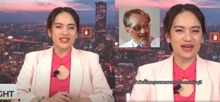 ภาพบันทึกหน้าจอเปรียบเทียบ คลิปรายการ Thai PBS World Tonight (ซ้าย) กับ คลิปที่ถูกปลอมขึ้น (ขวา)
