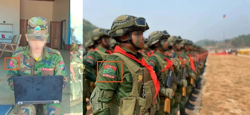 ภาพบันทึกหน้าจอแสดงภาพจากโพสต์ติ๊กตอก (ซ้าย) เปรียบเทียบกับภาพชุดของกองทัพสหรัฐว้าแดง (UWSA) (ขวา)