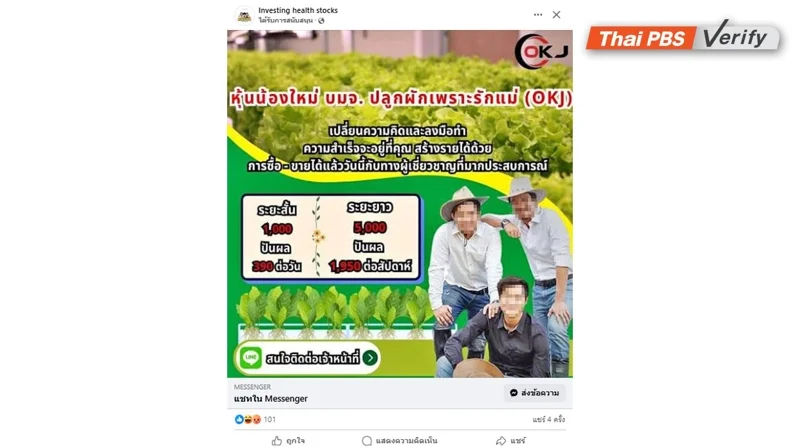 ภาพบันทึกหน้าจอเพจปลอมโฆษณาลงทุนหุ้นอ้างปันผล 390 บาท/วัน