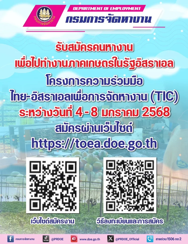 โฆษณารับสมัครคนหางานเพื่อไปทำงานภาคเกษตรในรัฐอิสราเอล ของกรมการจัดหางาน