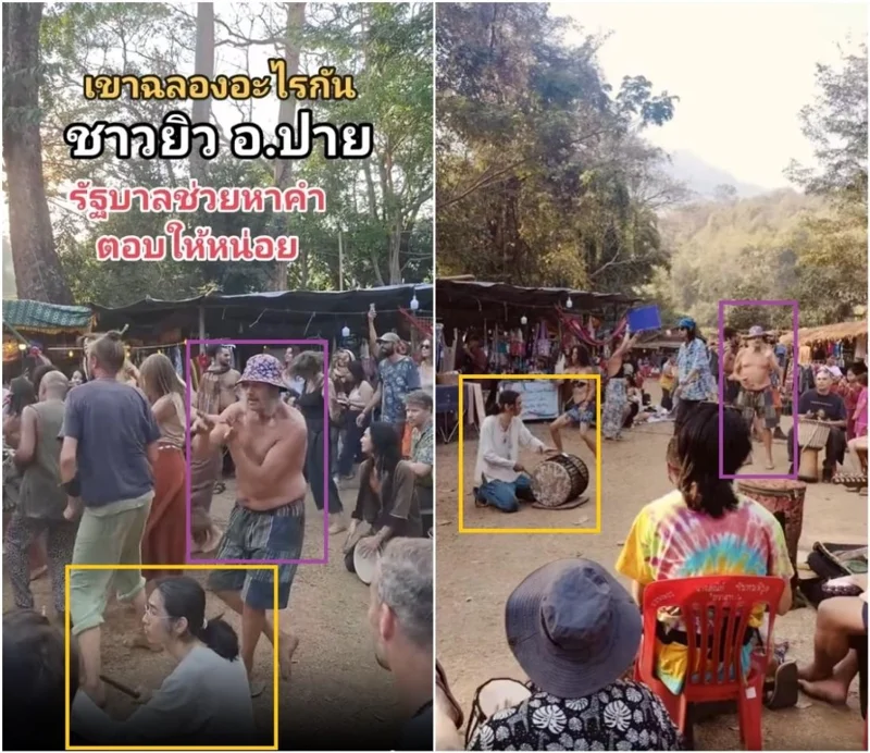 การเปรียบเทียบภาพถ่ายหน้าจอระหว่างวิดีโอที่ถูกแชร์ในโพสต์เท็จ (ซ้าย) และวิดีโองานเทศกาลดนตรี (ขวา) โดย AFP ทำเครื่องหมายเพื่อเน้นองค์ประกอบภาพที่สอดคล้องกัน