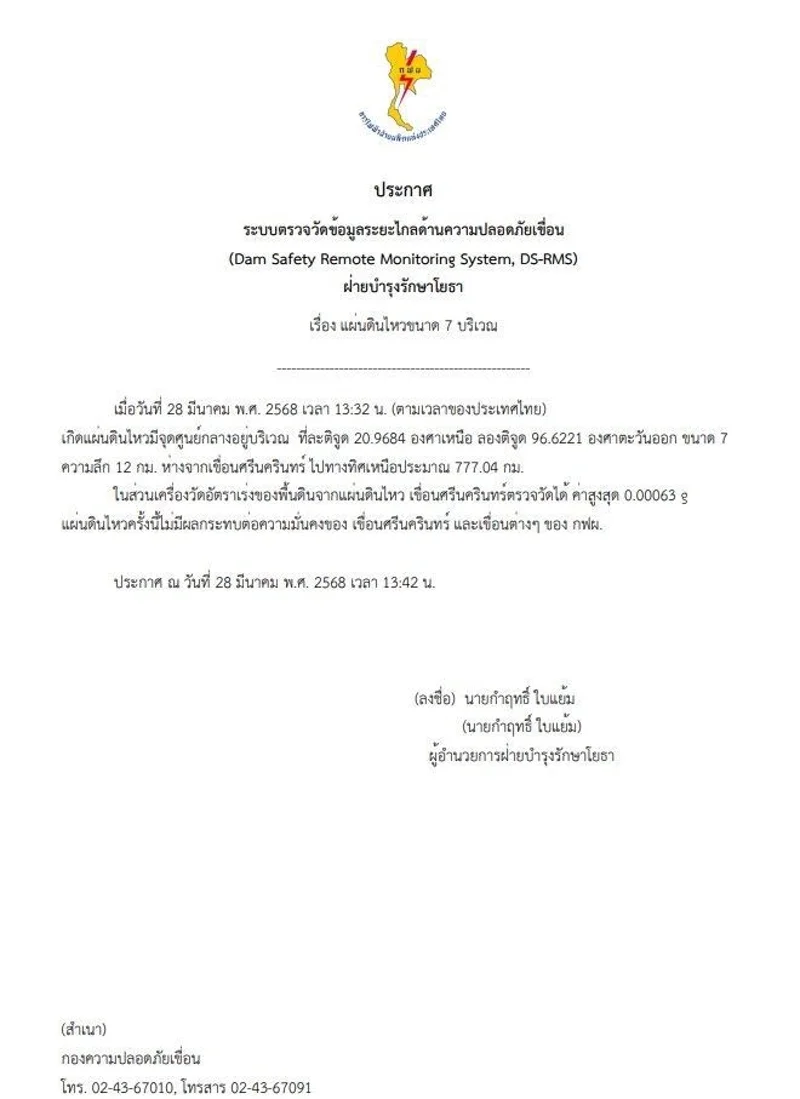 การไฟฟ้าฝ่ายผลิตแห่งประเทศไทย ออกประกาศยืนยันการตรวจสอบเขื่อนศรีนครินทร์ ยังคงแข็งแรง