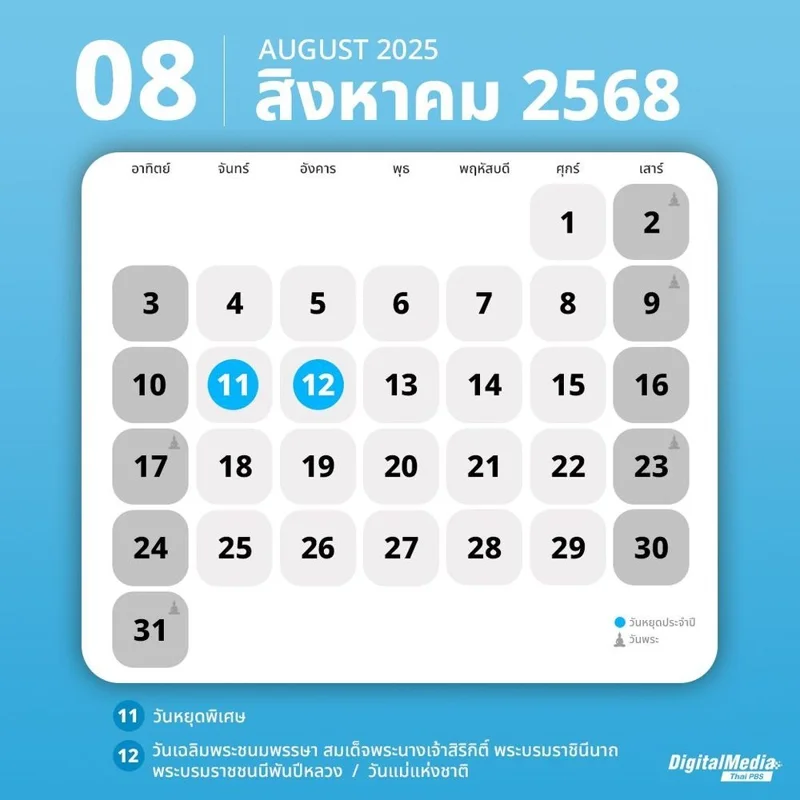 ปฏิทิน สิงหาคม 2568