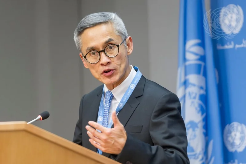 ศาสตราจารย์กิตติคุณ วิทิต มันตาภรณ์ กำลังแถลงข่าว เมื่อวันที่ 27 ตุลาคม 2017 (ภาพจาก: UN Photo/Rick Bajornas)