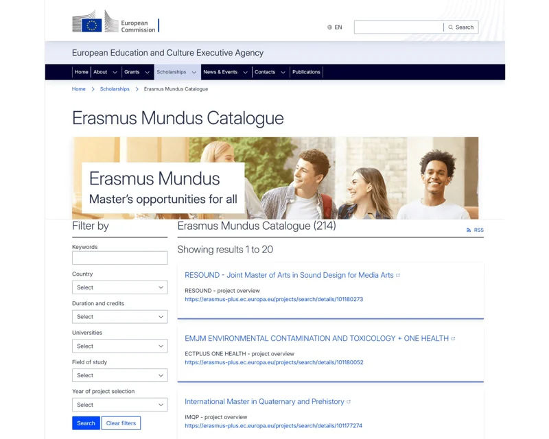แค็ตตาล็อกหลักสูตรและทุนการศึกษาของโครงการ Erasmus Mundus (www.eacea.ec.europa.eu/scholarships/erasmus-mundus-catalogue_en)