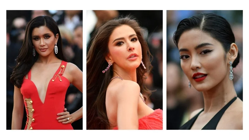 (จากซ้ายไปขวา) ไปรยา, ศรีริต้า และณัฐฐชาช์ ระหว่างการปรากฏตัวในเทศกาลหนังเมืองคานส์ปี 2019 (ภาพจาก: Loic Venance, Alberto Pizzoli, Christophe Simon/AFP)