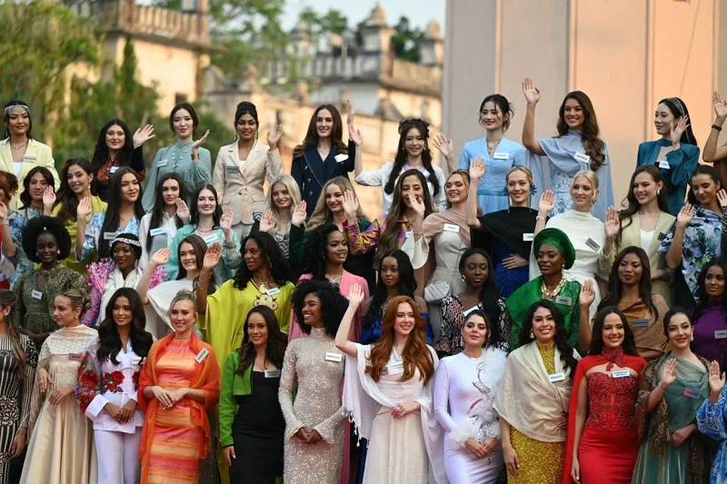 Contestants of the Miss World 2025 pageant in India (Photo: Noah Seelam/AFP)